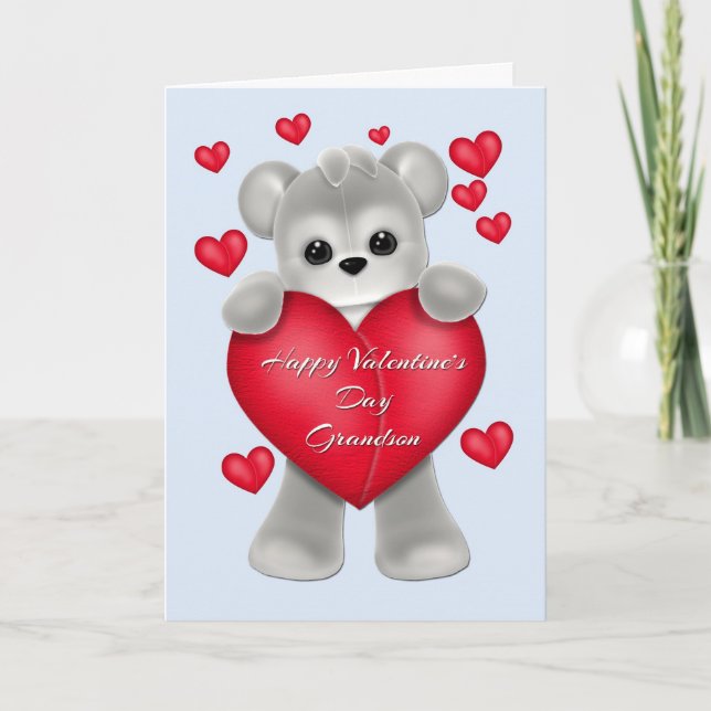 Gray Teddy Grandson Valentine Holiday Card (Front)