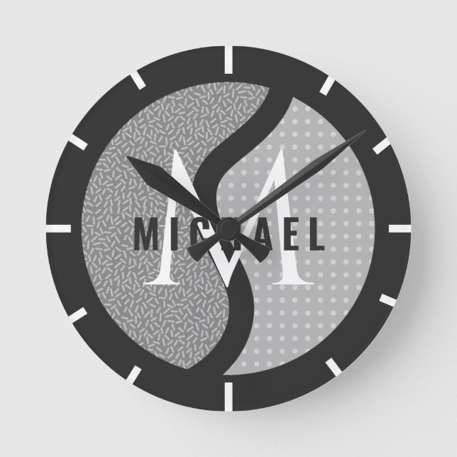 Gray Tennis Ball Initial & Name Boys Bedroom Black Round Clock (Front)