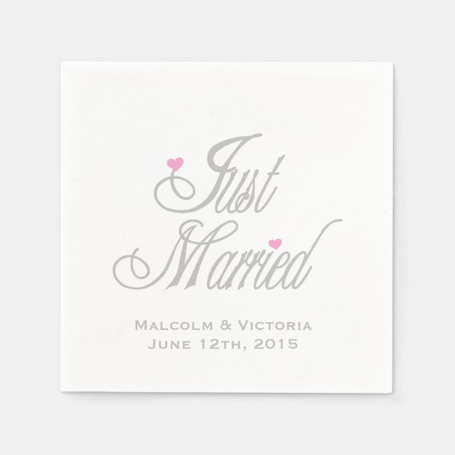 Gray Text Just Married Personalized Paper  Napkins (Front)