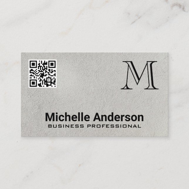 Gray Texture | Monogram QR Code Business Card (Front)