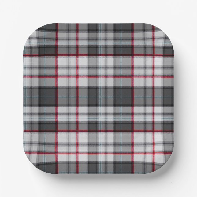 Gray textured tartan plaid  paper plates (Front)