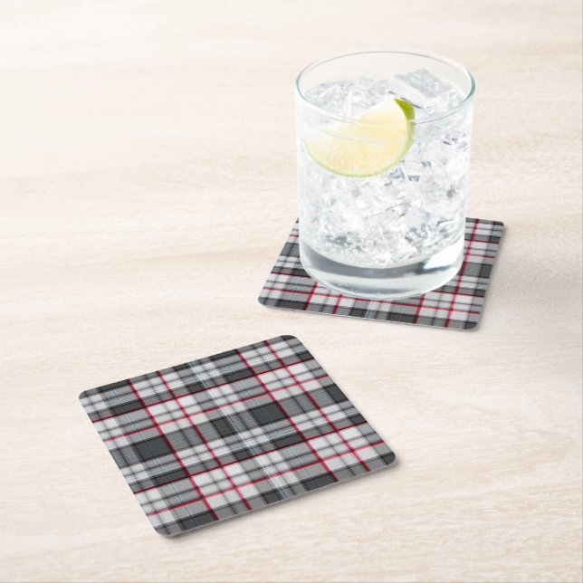 Gray textured tartan plaid  square paper coaster (Insitu)