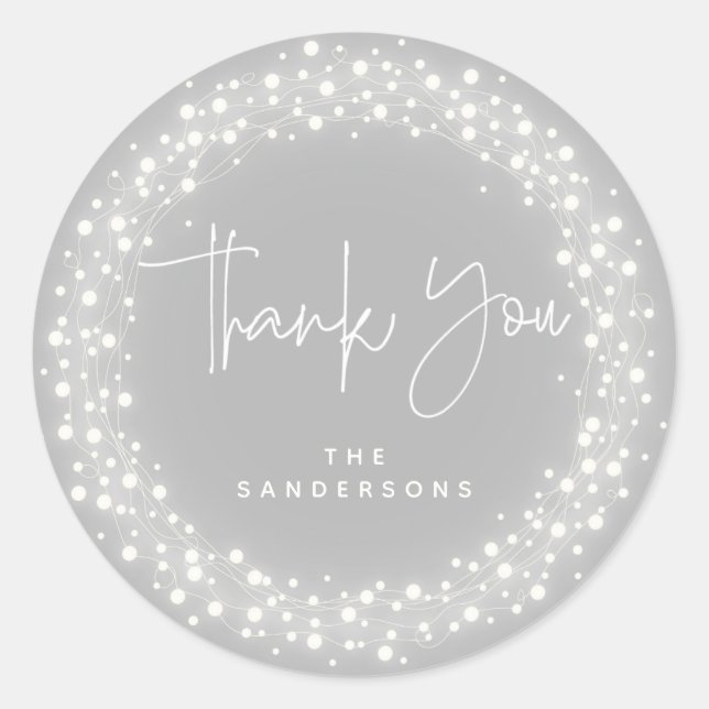 Gray Thank You Sparkling Lights Christmas Classic Round Sticker (Front)