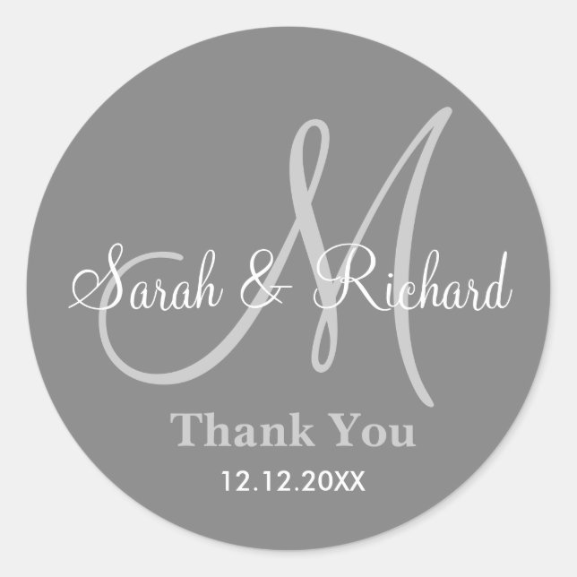 Gray Thank You Wedding Monogram Sticker (Front)