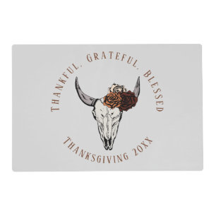 Gray Thanksgiving Gratitude Cow Skull and Roses Placemat