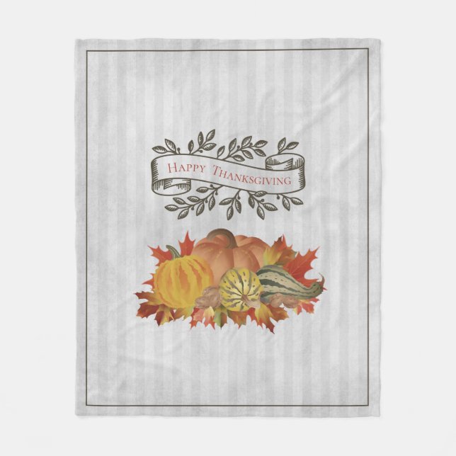 Gray Thanksgiving Pumpkins and Squash Fleece Blanket (Front)