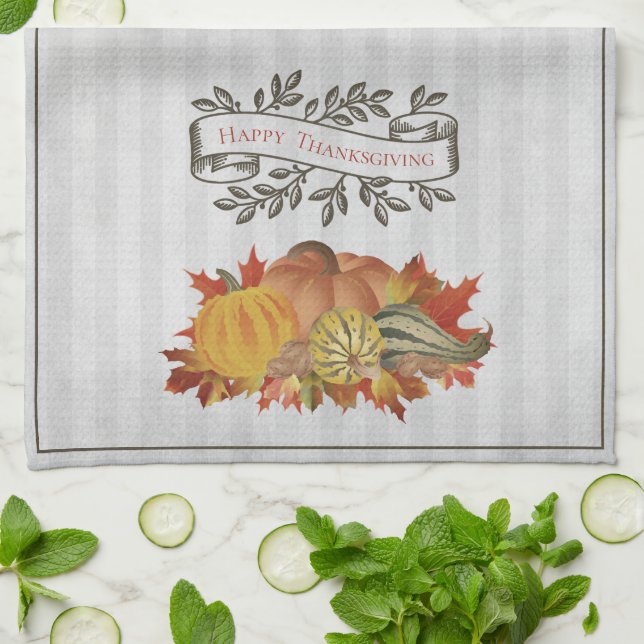 Gray Thanksgiving Pumpkins and Squash Kitchen Towel (Folded)