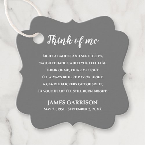 Gray Think Of Me Celebration of Life Candle Favor Tags
