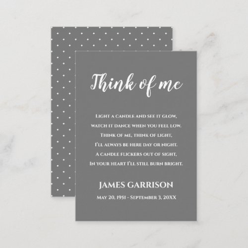Gray Think Of Me Celebration of Life Candle Place Card