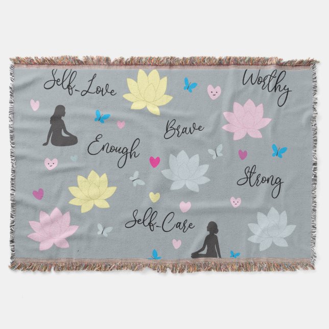 Gray Throw Blanket Lotus Flowers & Mindfulness (Front)