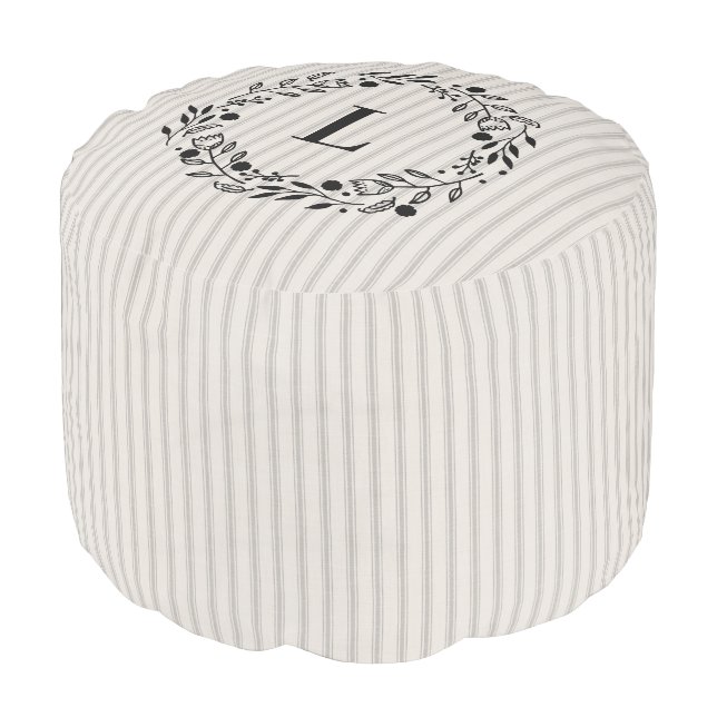 Gray Ticking Stripes Monogram | Farmhouse Decor Pouf (Angled Front)