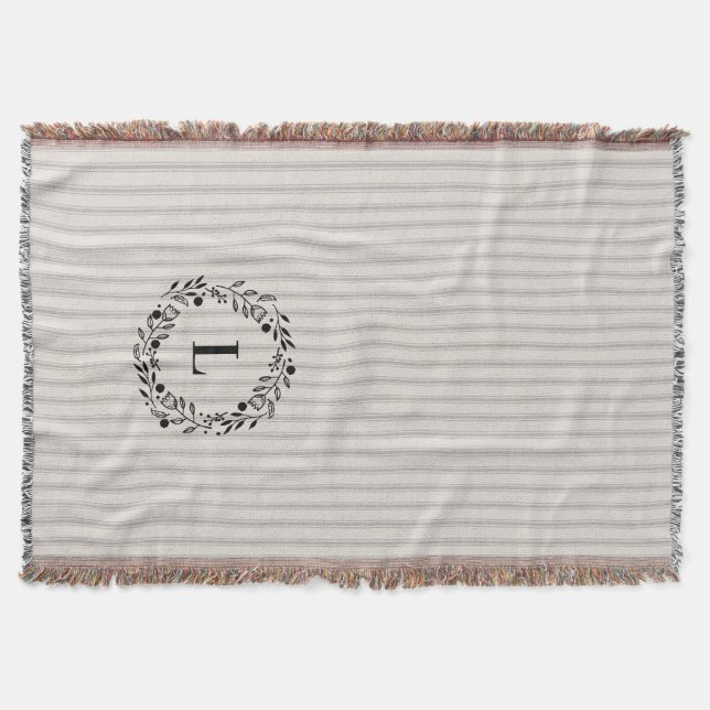 Gray Ticking Stripes Wreath Monogram | Farmhouse Throw Blanket (Front)
