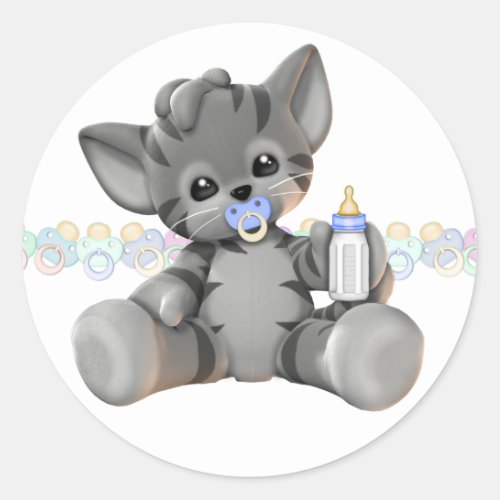 Gray Tiger Kitten Blue Baby Boy Classic Round Sticker