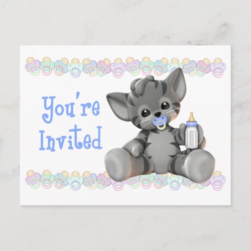 Gray Tiger Kitten Blue Baby Shower Invitation
