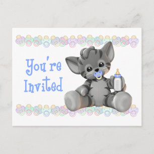 Gray Tiger Kitten Blue Baby Shower Invitation Postcard