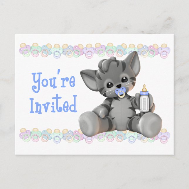 Gray Tiger Kitten Blue Baby Shower Invitation Postcard (Front)