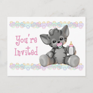 Gray Tiger Kitten Pink Baby Shower Invitation