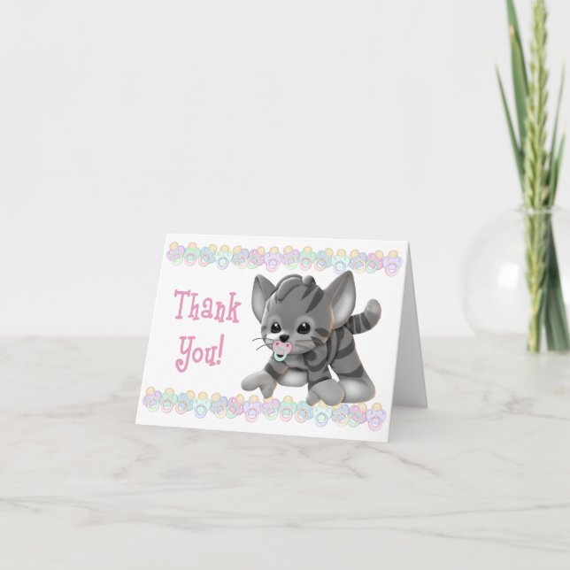 Gray Tiger Kitten Pink Pacifier Thank You Card (Front)