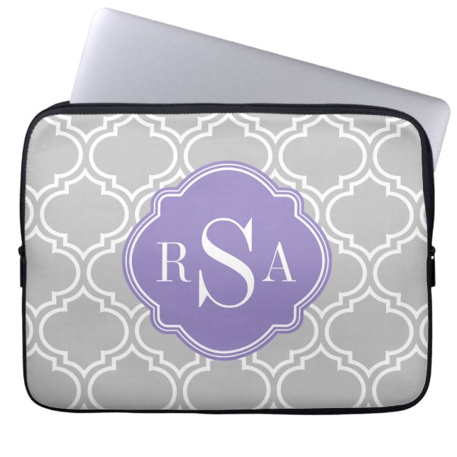 Gray Tile Lattice Pattern Lavender Monogram Laptop Sleeve (Front)