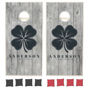 Gray Timber Four Leaf Clover with Name Cornhole Set