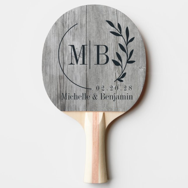 Gray Timber Leaf Wedding Monogram Ping Pong Paddle (Back)