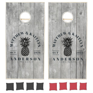 Gray Timber Tropical Pineapple Wedding Crest Cornhole Set