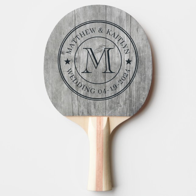 Gray Timber Wedding Monogram Star Ping Pong Paddle (Front)