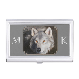 Gray Timber Wolf Face Business Card Case