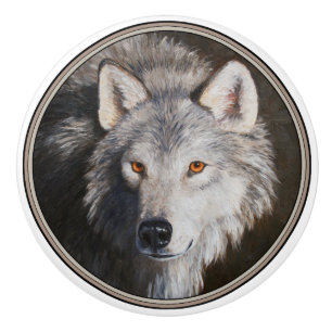 Gray Timber Wolf Face Ceramic Knob