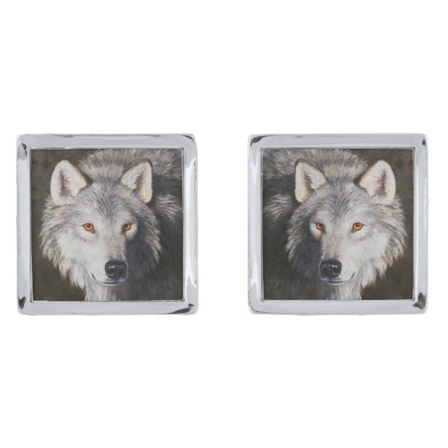 Gray Timber Wolf Face Cufflinks (Front)