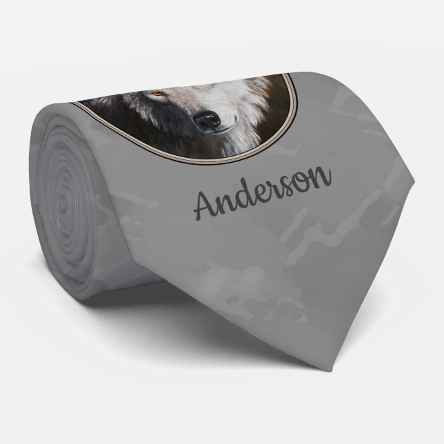 Gray Timber Wolf Face Neck Tie (Rolled)