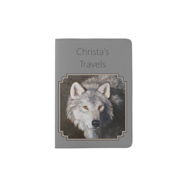 Gray Timber Wolf Face Passport Holder (Front)
