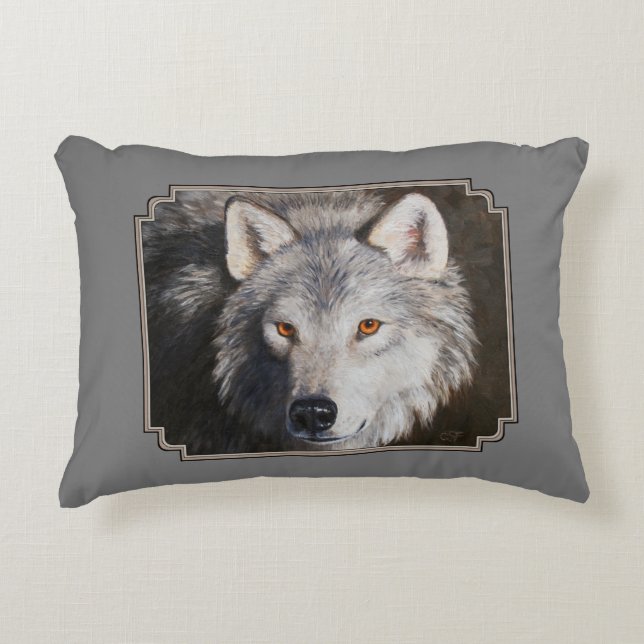 Gray Timber Wolf Face Portrait Accent Pillow (Front)