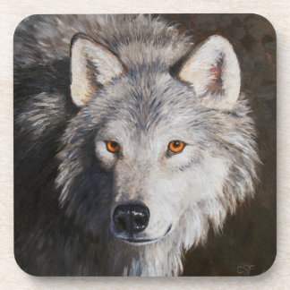 Gray Timber Wolf Face Portrait Beverage Coaster
