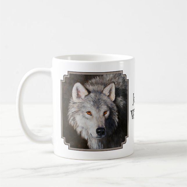 Gray Timber Wolf Face Portrait Coffee Mug (Left)