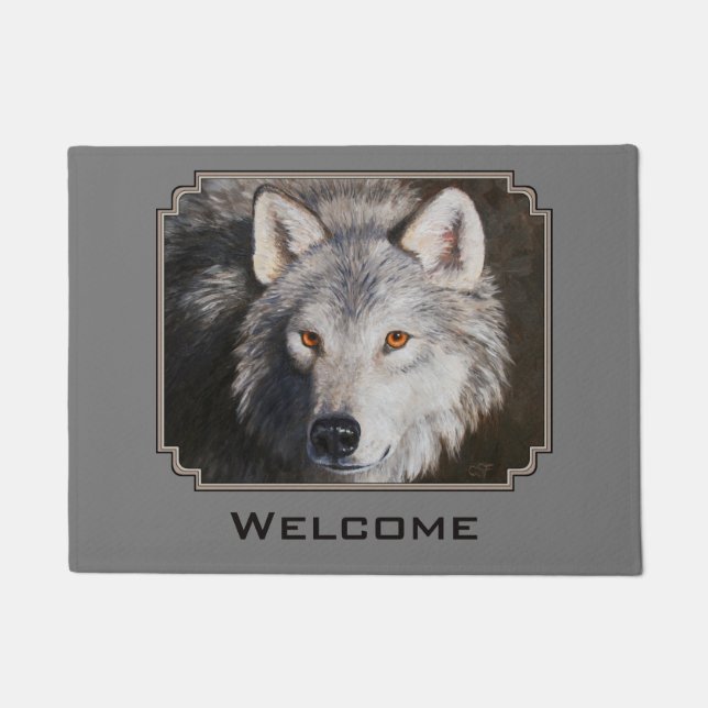 Gray Timber Wolf Face Portrait Doormat (Front)
