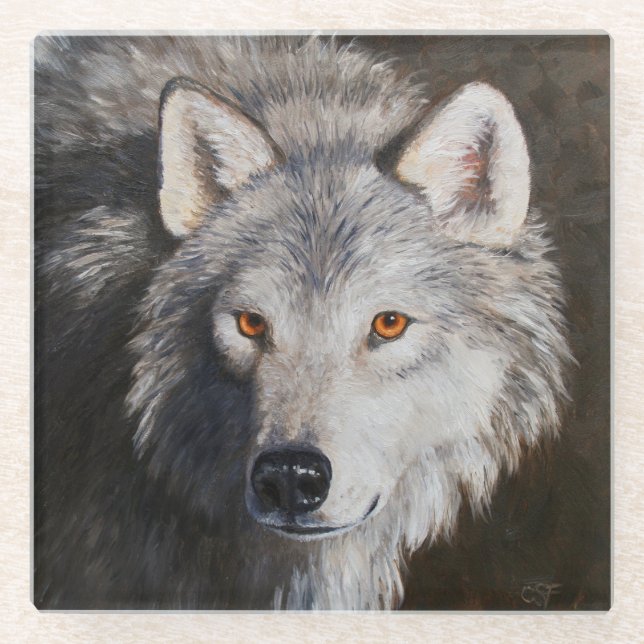 Gray Timber Wolf Face Portrait Glass Coaster (Front)