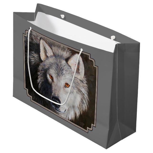 Gray Timber Wolf Face Portrait Large Gift Bag (Front Angled)