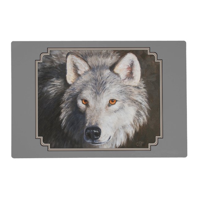 Gray Timber Wolf Face Portrait Placemat (Front)