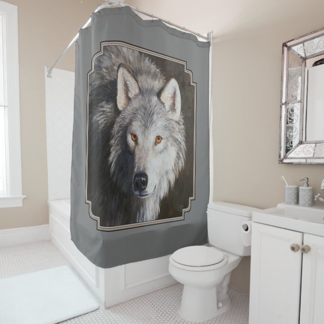Gray Timber Wolf Face Portrait Shower Curtain (In Situ)