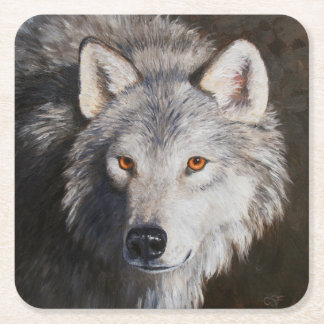 Gray Timber Wolf Face Portrait Square Paper Coaster