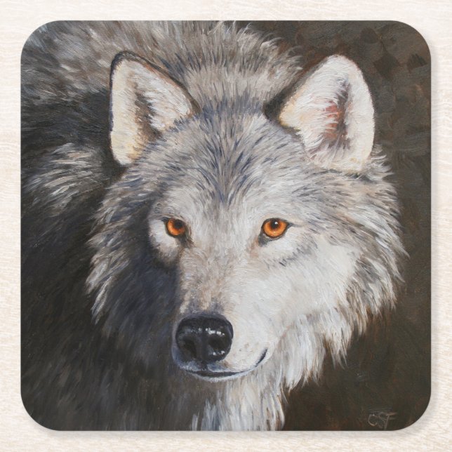 Gray Timber Wolf Face Portrait Square Paper Coaster (Front)