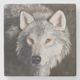 Gray Timber Wolf Face Portrait Stone Coaster