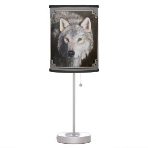 Gray Timber Wolf Face Portrait Table Lamp