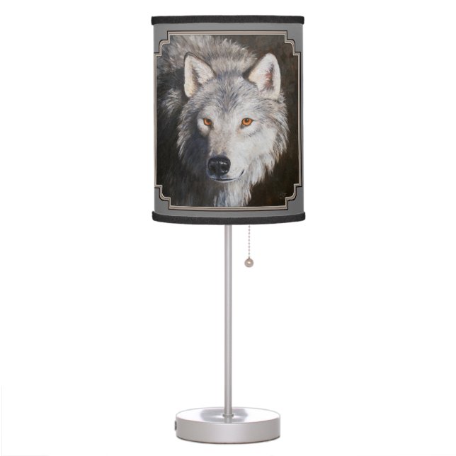 Gray Timber Wolf Face Portrait Table Lamp (Left)