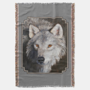 Gray Timber Wolf Face Portrait Throw Blanket