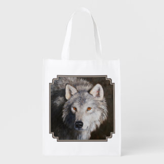 Gray Timber Wolf Face Reusable Grocery Bag