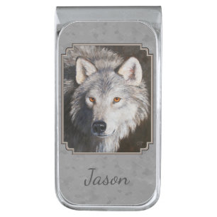 Gray Timber Wolf Face Silver Finish Money Clip