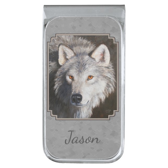 Gray Timber Wolf Face Silver Finish Money Clip (Front Vertical)