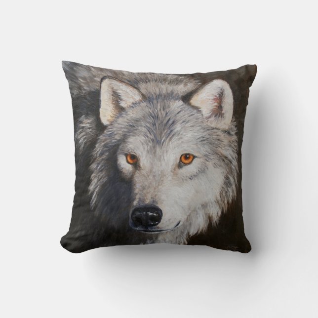 Gray Timber Wolf Face Throw Pillow (Front)